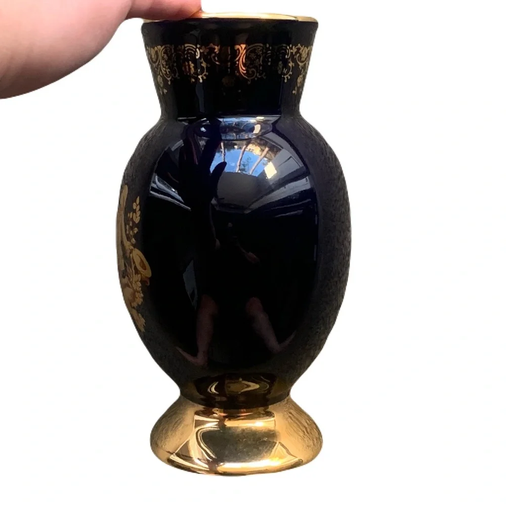 Vintage Limoges France Cobalt Gilded Gold Porcelain Vase Approx 8.25” Romantic